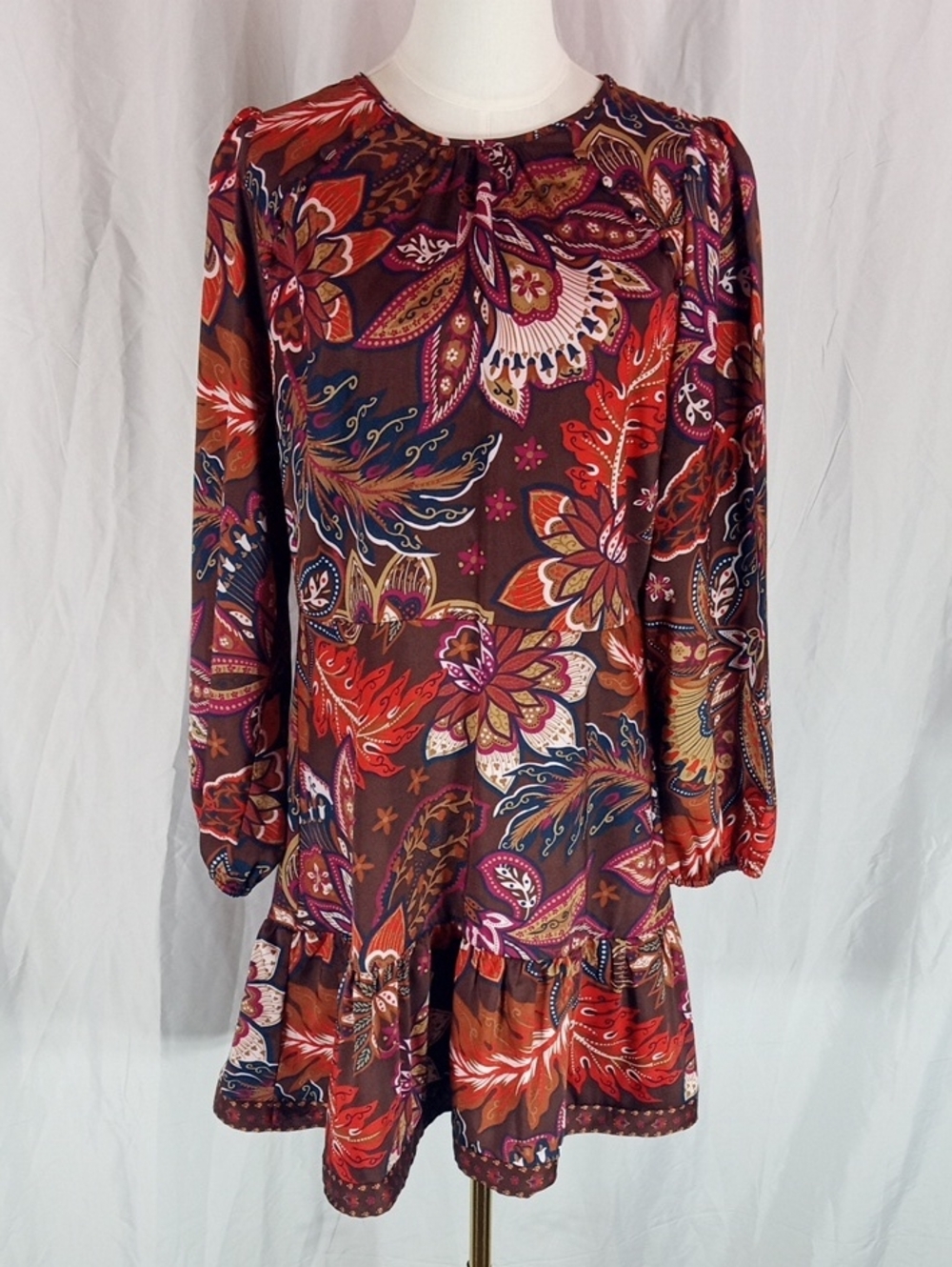 Paisley Print Long Sleeve Mini Dress in Burgundy Multi See Description